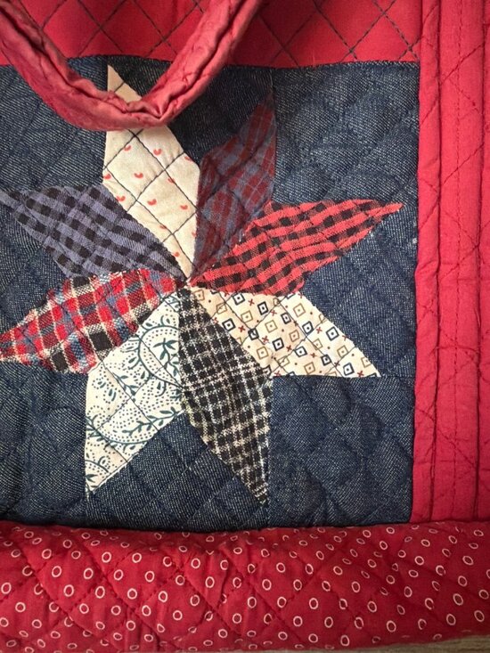 J Peterman Cotton Quilted Patchwork Tote Bag Americana Pinwheel Red Blue Vintage - Picture 2 of 15